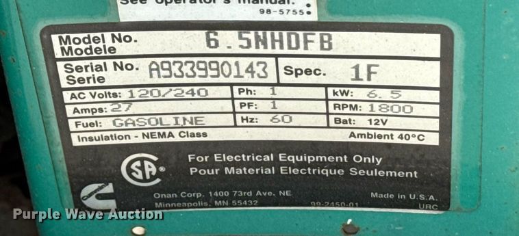 image for item DW1984 Onan 6.5 NHDFB generator