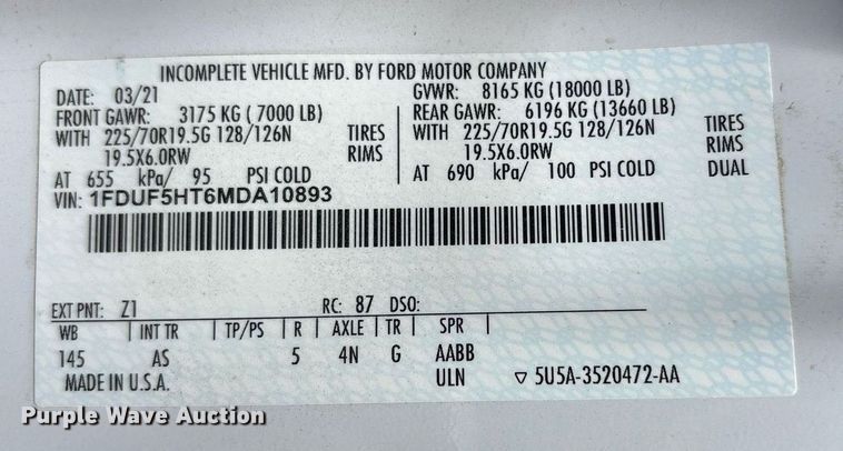 image for item DY2491 2021 Ford F550 Super Duty XL truck cab and chassis