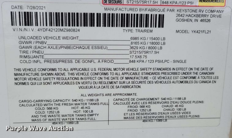 image for item EA2441 2021 Keystone Yukon 421FL camper