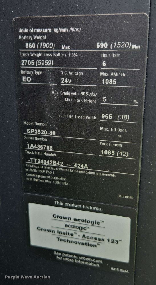 image for item EC1018 2015 Crown SP3520-30 order picker