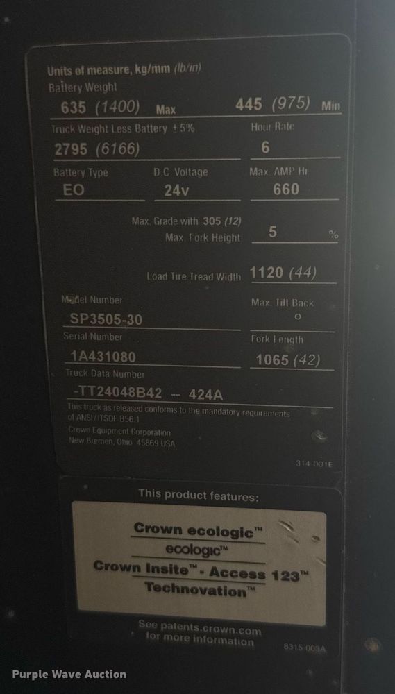 image for item EC3572 2014 Crown SP3505-30 order picker