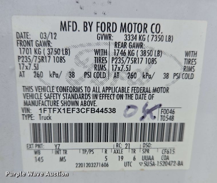 image for item EC4238 2012 Ford F150 XLT SuperCab pickup truck