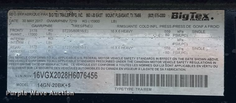 image for item ED5621 2017 Big Tex 14GN-20BK+5 equipment trailer