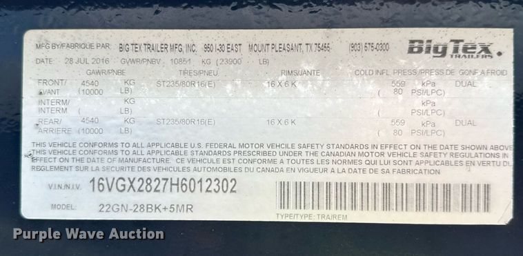 image for item ED5622 2017 Big Tex 22GN-28BK+5MR equipment trailer