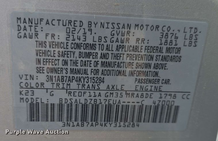 image for item EF3487 2019 Nissan Sentra SV 