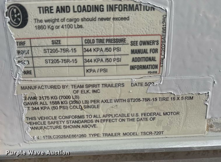 image for item EG2632 2010 Team Spirit Trailers TSCR-720T enclosed cargo trailer