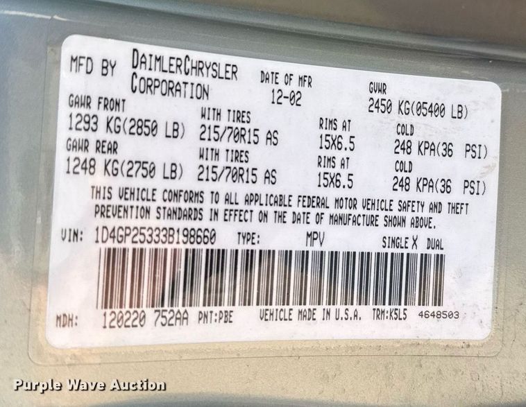 image for item EJ3597 2003 Dodge Caravan van