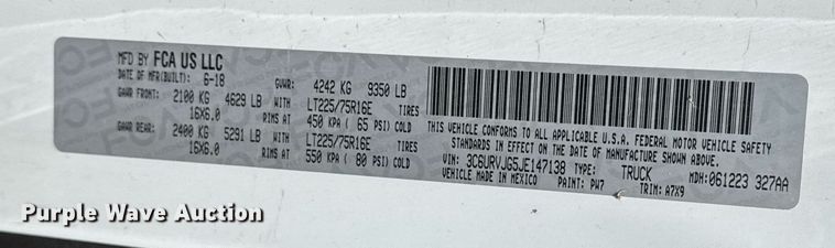 image for item EJ3603 2018 Ram Promaster 3500 van