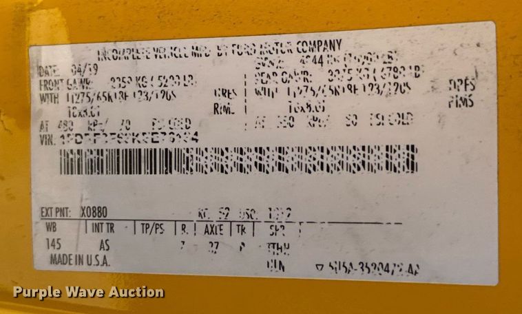 image for item EJ4504 2019 Ford F350 Super Duty XL utility bed pickup truck