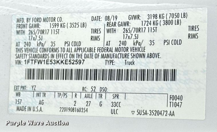 image for item EJ4509 2019 Ford F150 XL SuperCrew pickup truck