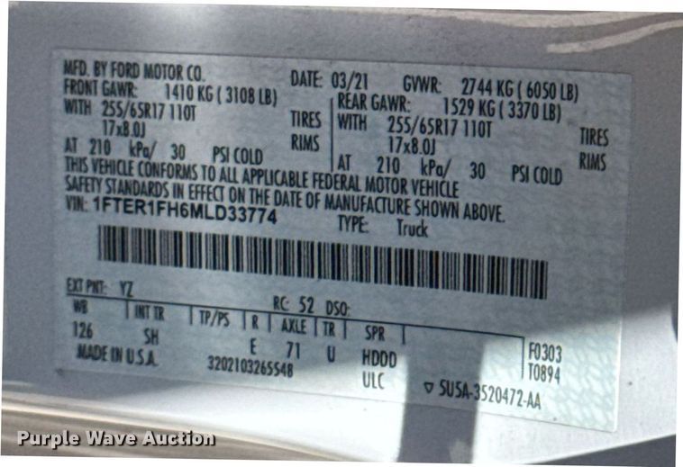 image for item EJ4522 2021 Ford Ranger XL SuperCab utility bed pickup truck