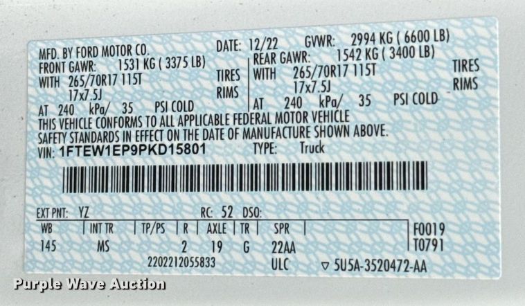 image for item EJ4545 2023 Ford F150 SuperCrew pickup truck