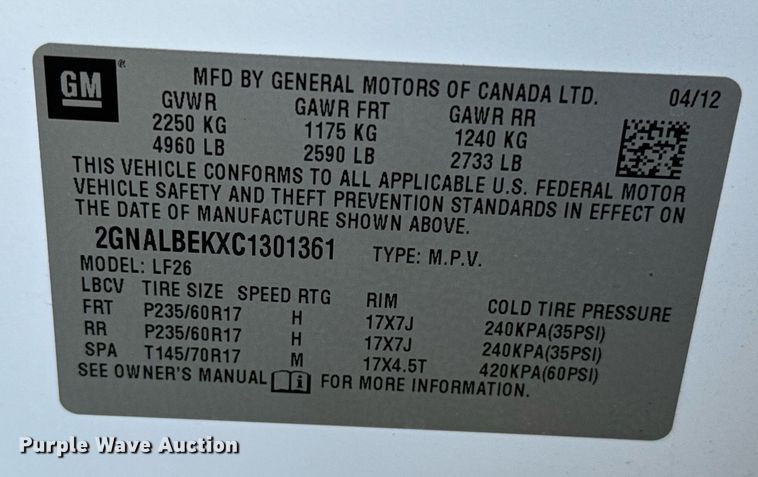 image for item EJ8763 2012 Chevrolet Equinox SUV