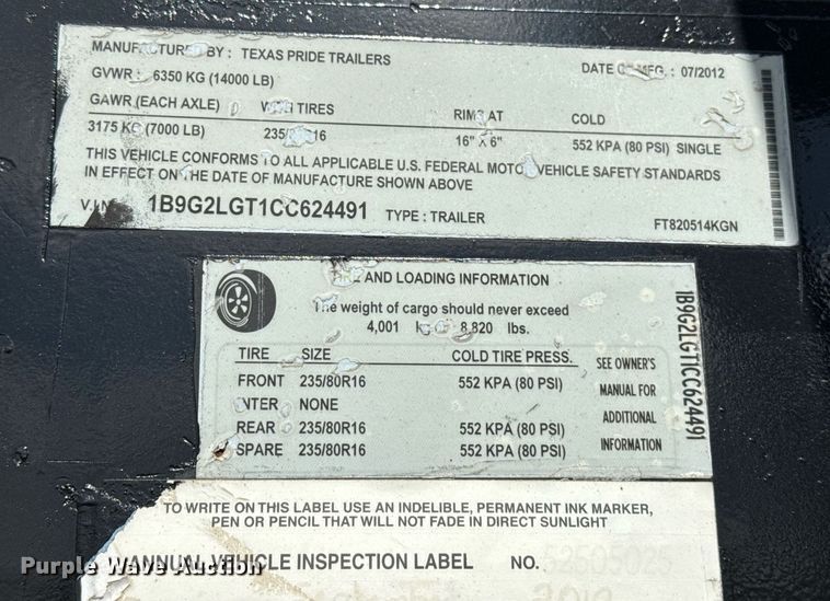 image for item EJ8767 2012 Texas Pride Trailers FT820514KGB flatbed trailer