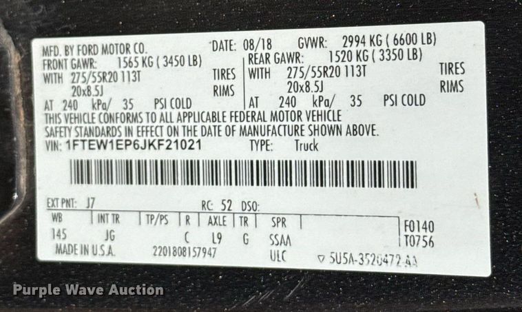 image for item EJ8776 2018 Ford F150 SuperCrew pickup truck