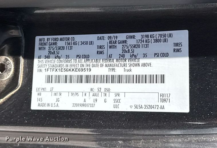 image for item EJ8785 2019 Ford F150 SuperCab pickup truck