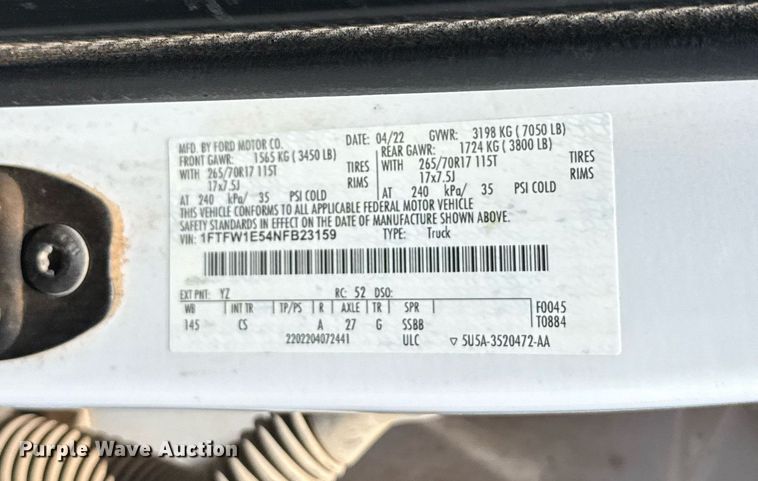 image for item EJ8787 2022 Ford F150 SuperCrew pickup truck