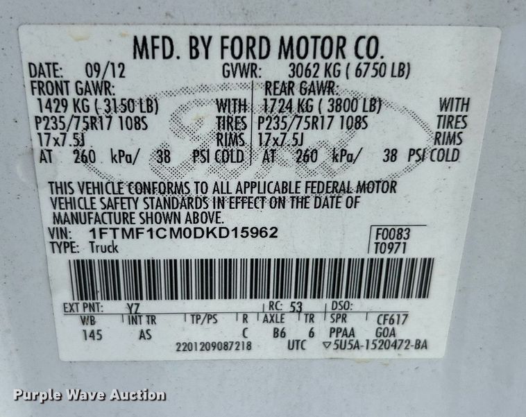 image for item EK2967 2013 Ford F150 XL pickup truck