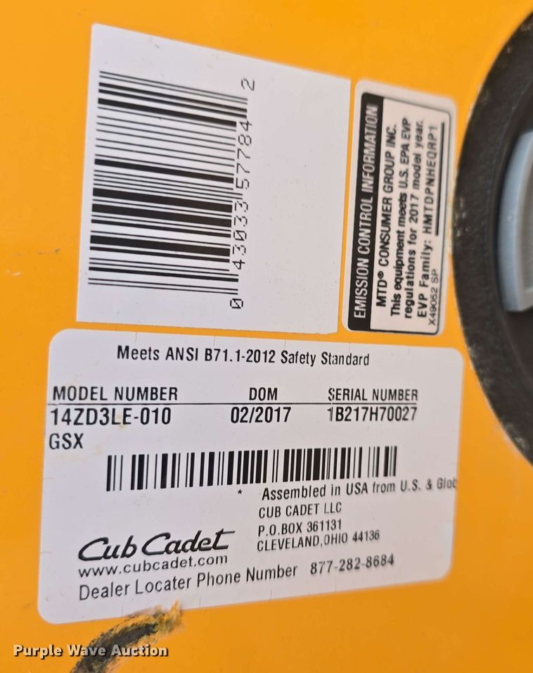 image for item EK5209 2017 Cub Cadet XT3 GSX lawn mower