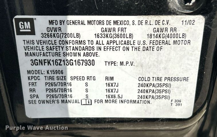 image for item EK8061 2003 Chevrolet Suburban SUV