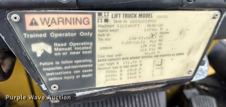 image for item EN5094 1996 Hyster H80XL forklift