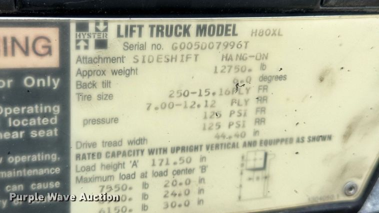 image for item EN5094 1996 Hyster H80XL forklift