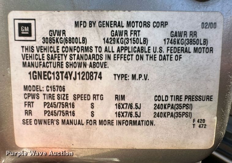 image for item EQ4756 2000 Chevrolet Tahoe LS SUV