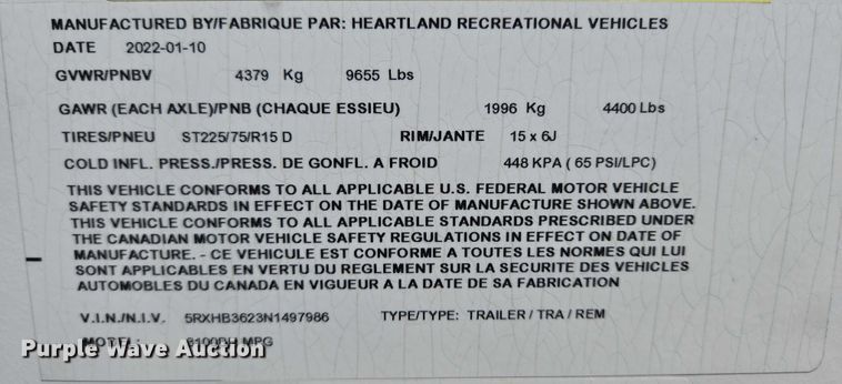 image for item ER5227 2022 Heartland 3100BH MPG camper