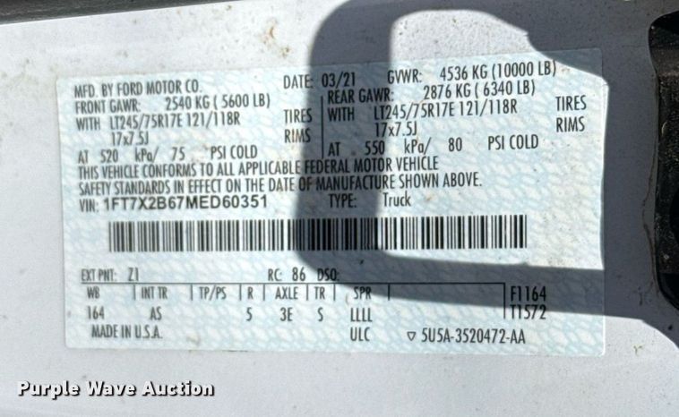 image for item IE9134 2021 Ford F250 Super Duty XL SuperCab pickup truck