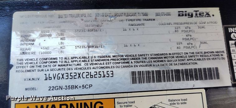 image for item DP4919 2012 Big Tex 22GN-35BK+5CP equipment trailer