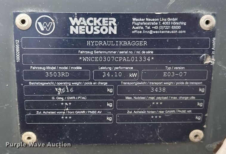 image for item DV2524 2015 Wacker Neuson 3503RD mini excavator