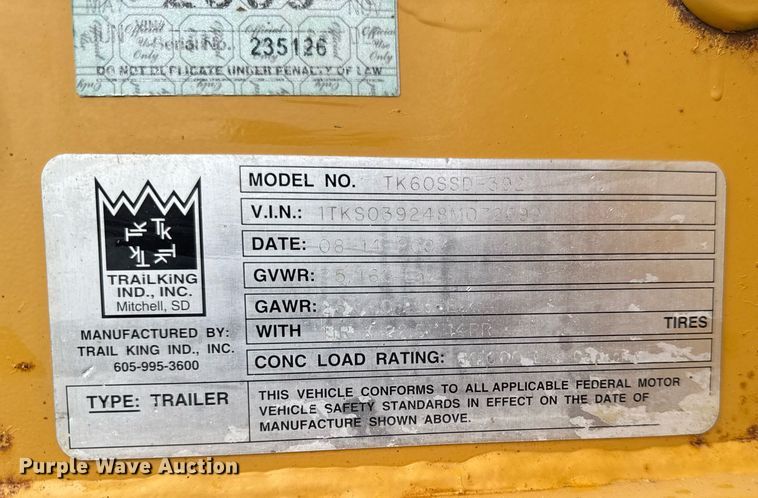 image for item DV2572 2008 Trail King TK60SSD-392 side dump trailer