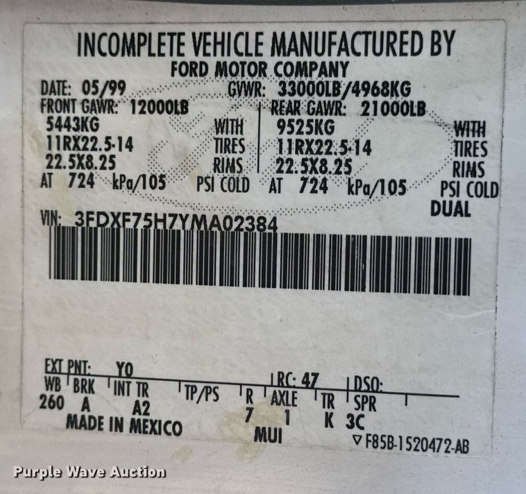 image for item DV4018 2000 Ford F750 Super Duty XL digger derrick truck