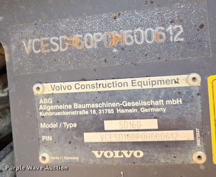 image for item DW7004 2015 Volvo SD160 single drum vibratory roller
