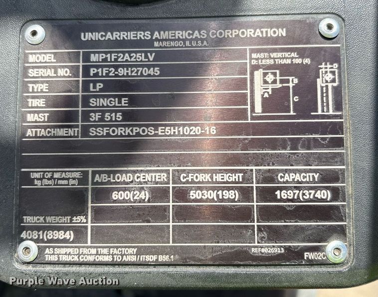 image for item DY2494 2021 Unicarriers PF50 forklift