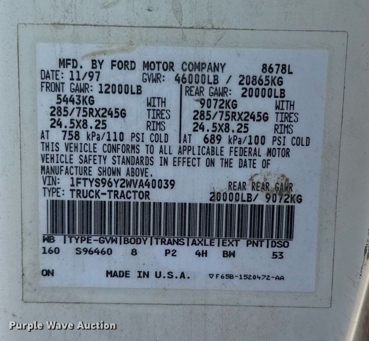 image for item DZ4068 1998 Ford LT9513 semi truck