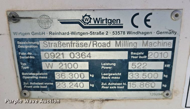 image for item EC0970 2010 Wirtgen W2100 milling machine