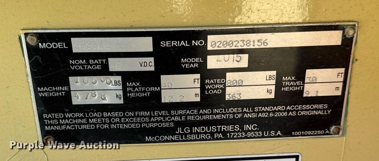 image for item EF1977 2015 JLG 4069LE scissor lift