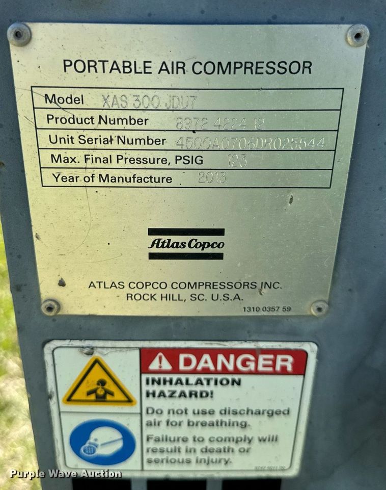 image for item EF1983 2013 Atlas Copco XAS 300 JDU7 air compressor