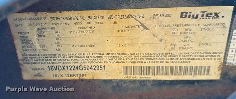 image for item EG5816 2016 Big Tex 10LX-12BK75IR dump trailer