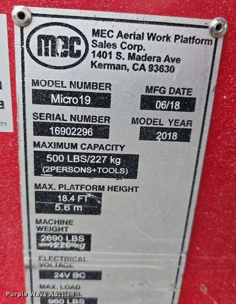 image for item EH8992 2018 MEC Micro19 scissor lift