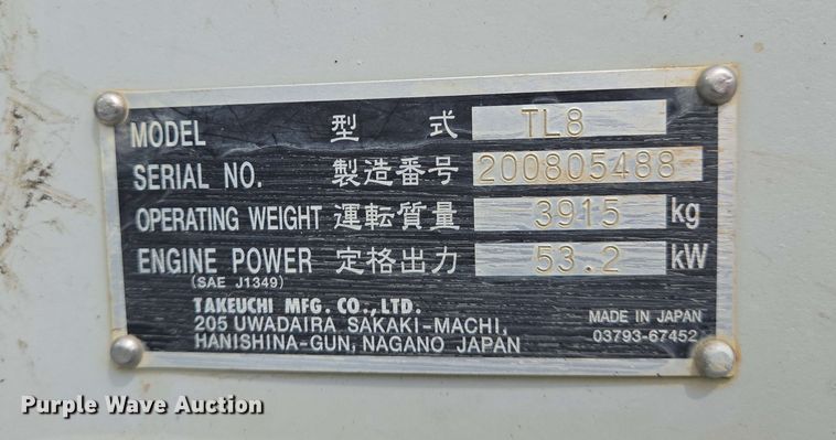 image for item EJ7535 2017 Takeuchi TL8 tracked skid steer loader