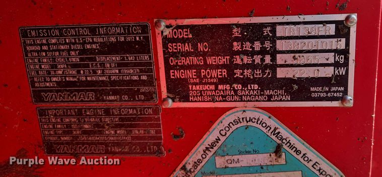 image for item EJ7536 2014 Takeuchi TB138FR mini excavator