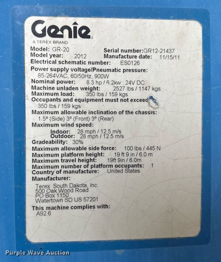 image for item EN4541 2012 Genie GR-20 vertical lift
