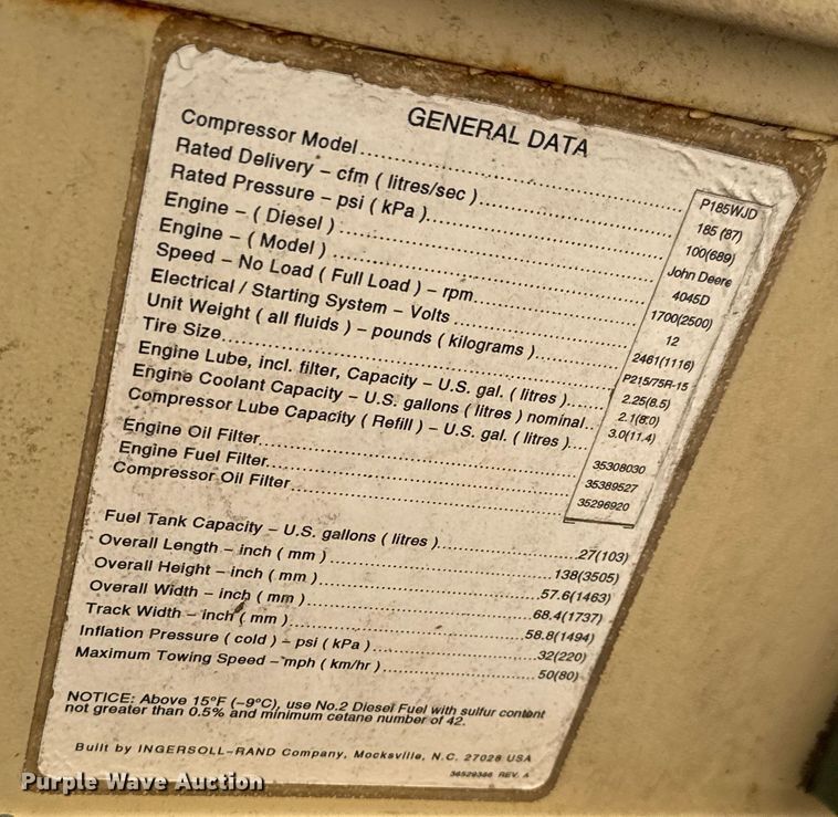 image for item MS9973 1997 Ingersoll Rand P185WJD air compressor