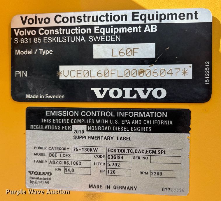 image for item ND9715 2011 Volvo L60F wheel loader