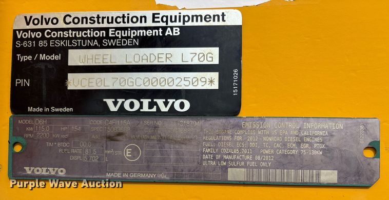 image for item ND9716 2012 Volvo L70G wheel loader