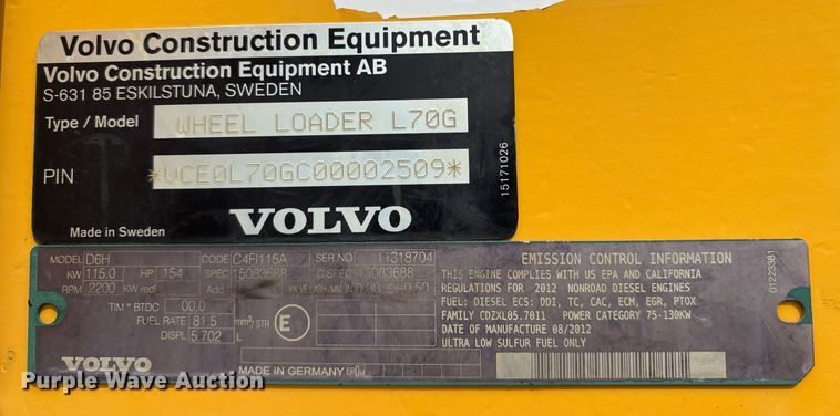 image for item ND9716 2012 Volvo L70G wheel loader