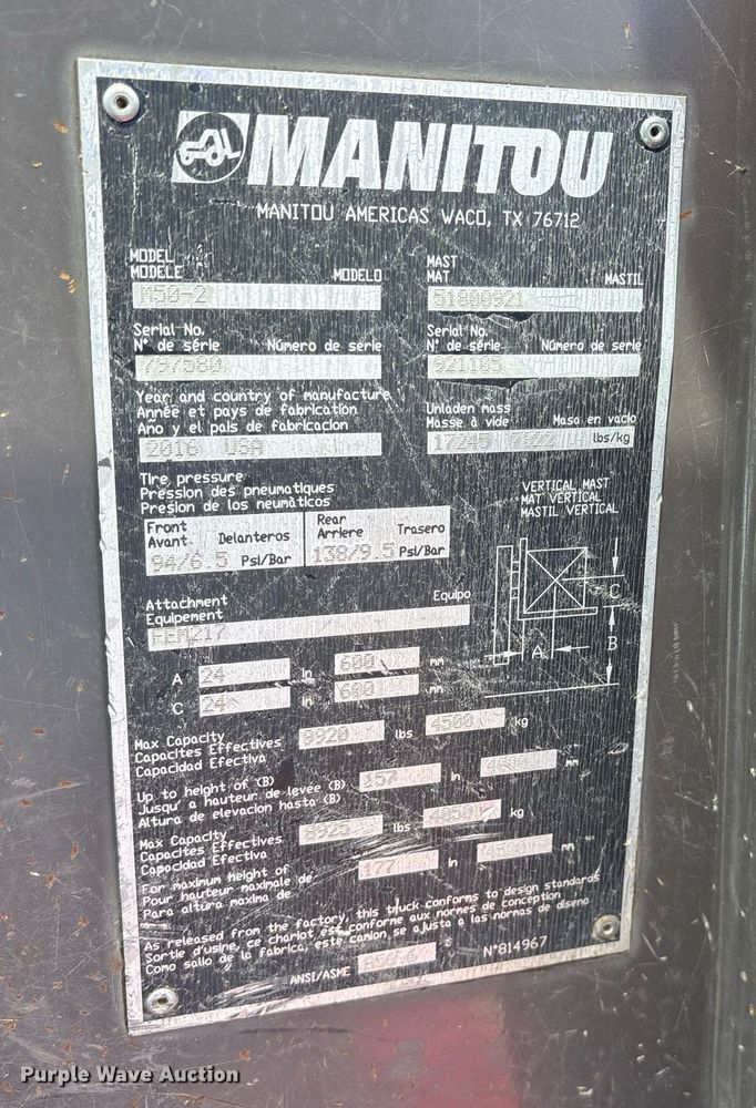 image for item ND9761 2016 Manitou M50-2 forklift