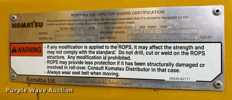 image for item OB9685 2016 Komatsu PC240LC-11 excavator